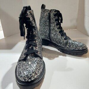 Kate Spade Jemma Boots Size8.5 B Sparkling Silver Black Lace Zip Combat